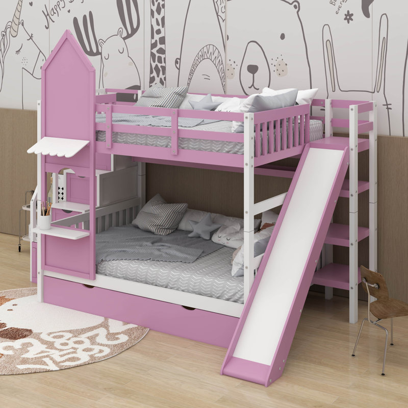 Lit superposé de style château double avec tiroirs, tablettes et glissoire, Lit superposé double sur double, Rose