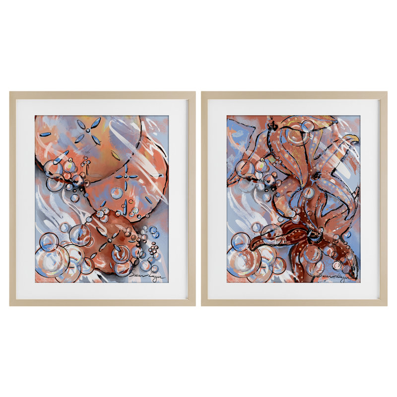 Ensemble de 2 impressions encadrées sous verre Bubbles And Sea Life, conception par Susan Lugar, H 21 po x l 17 po