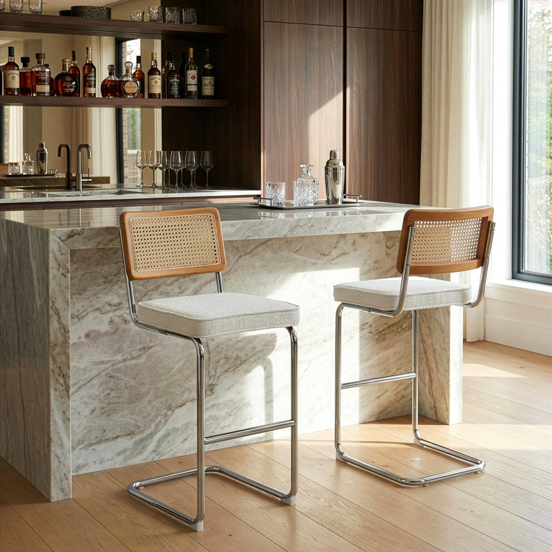 Tabouret de comptoir Avalyna, Blanc, Tabouret de bar (siège d’une hauteur de 30 po), Chrome