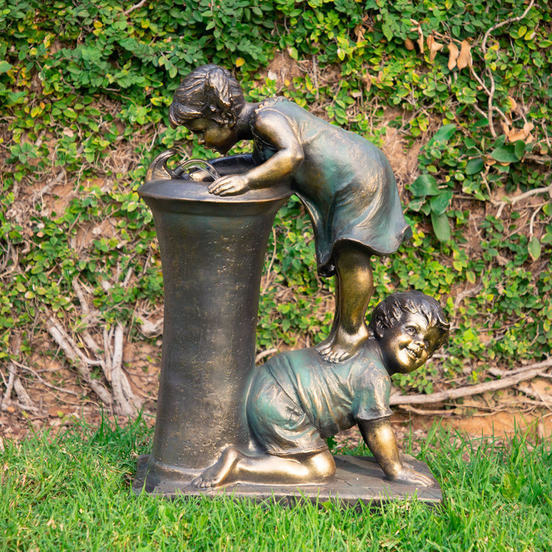 Joyful Boy and Girl Outdoor Floor Water Fountain, 27" with LED Lights, Bronze