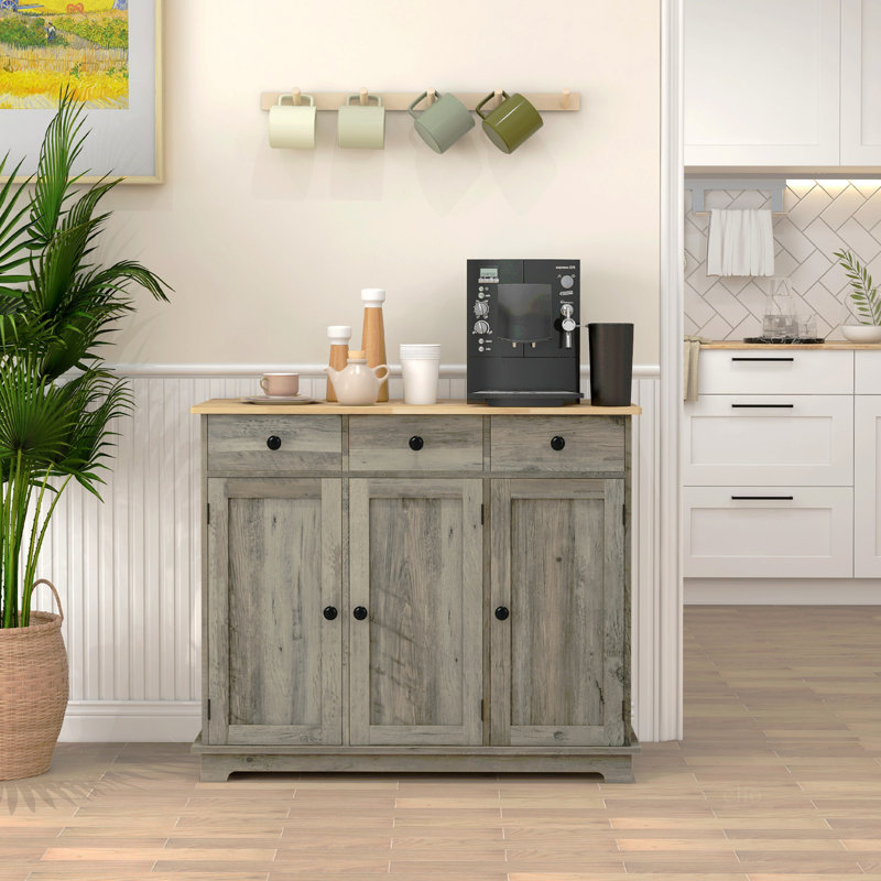 Buffet avec comptoir en bois massif, armoire de rangement moderne avec 3 tiroirs, portes et tablette réglable, Gris
