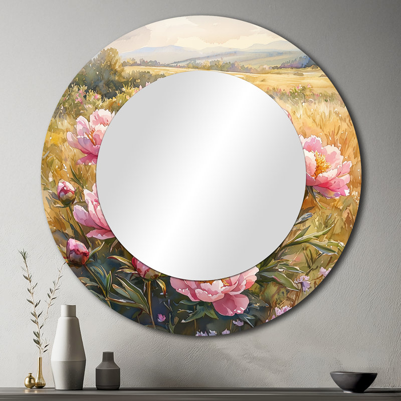 Pivoines dans le champ ensoleillé I - décoration murale miroir floral - imprimé sur métal, 36 po x 36 po