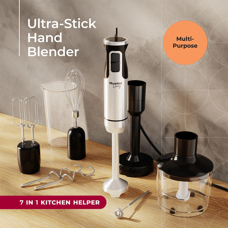 MuellerLiving Immersion Hand Blender Full Set - 8 Speed Immersion Stick Hand Mixer with 7 Attachments