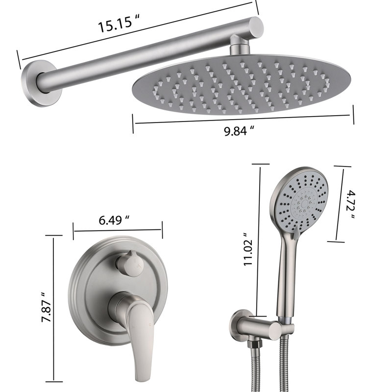 10 Inches Shower With High Rain Head And 5 Handheld, Wall Mounted, Brushed Nickel, Stainless Steel Construction Mounted Design