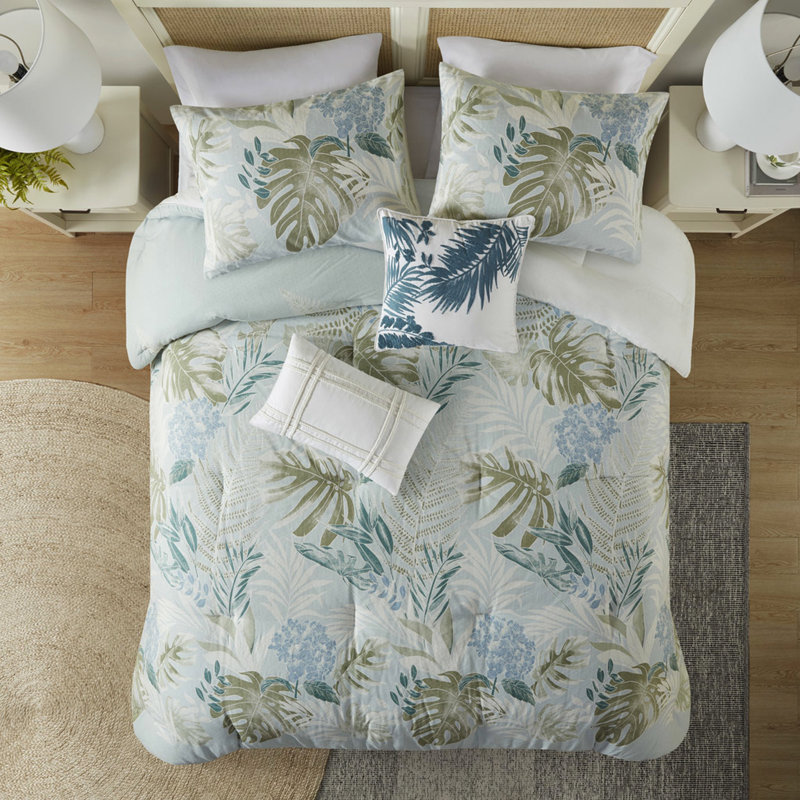 Édredon en coton avec coussins décoratifs, bleu, très grand, taies décoratives à imprimé tropical, édredon tissé, bleu, lavable à la machine