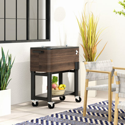 Beverage Cooler Cart 60 Quart - Brown. Rugged Steel With Locking Wheels. Keeps Drinks Cold Up To 36 Hours. Built-In Bottle Opener And Convenient Drainage Cap For Effortless Use Patio Construction
