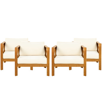 - Finished Outdoor Wood Club Chair With Beige Cushions   Of 4 , Weather , Comfortable And Spacious For Living Finished, Chair, 4, Wood, Cushions, Patios
