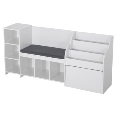 Coin de lecture pour enfants, banc de rangement en bois avec dossier, bibliothèque pour enfants et organisateur de jouets, grand coffre à jouets pour salle de jeux, salon ou entrée, assemblage facile, 66,9 x 15,8 x 31,5 po, blanc