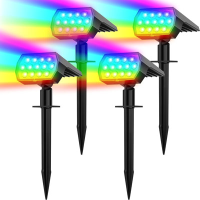 Solar Color Changing RGB Spot Lights Outdoor, IP67 Solar Christmas Lights With Fixed Color & Cycling RGB. 7 Colors Landscape Spotlights Auto Cycling For Yard, Gardens, Lawn & Pathways.4Pcs