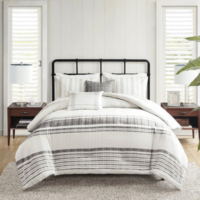 Housse de couette 100 % coton tissé, grand lit/queen, fond blanc à rayures grises, coussins décoratifs, 2 taies d'oreiller