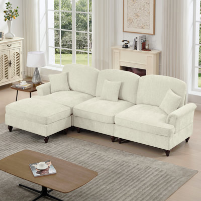 Mid Century Three Seater Modular L Shaped Sectional Couch With Flared Arms And Removable Ruffles Pleats Skirts And Spindle Legs, Comfy Chenille 3-Seat Deep Seat Sofa With Movable Ottoman, Beige White
