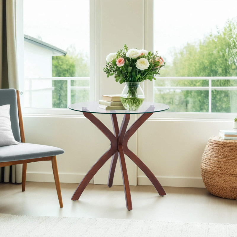 Round Dining Table with Tempered Glass Top and Solid Wood Legs, Brown