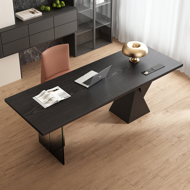 Bureau en bois massif noir avec structure en acrylique, 29.5" H x 86.6" W x 35.4" D