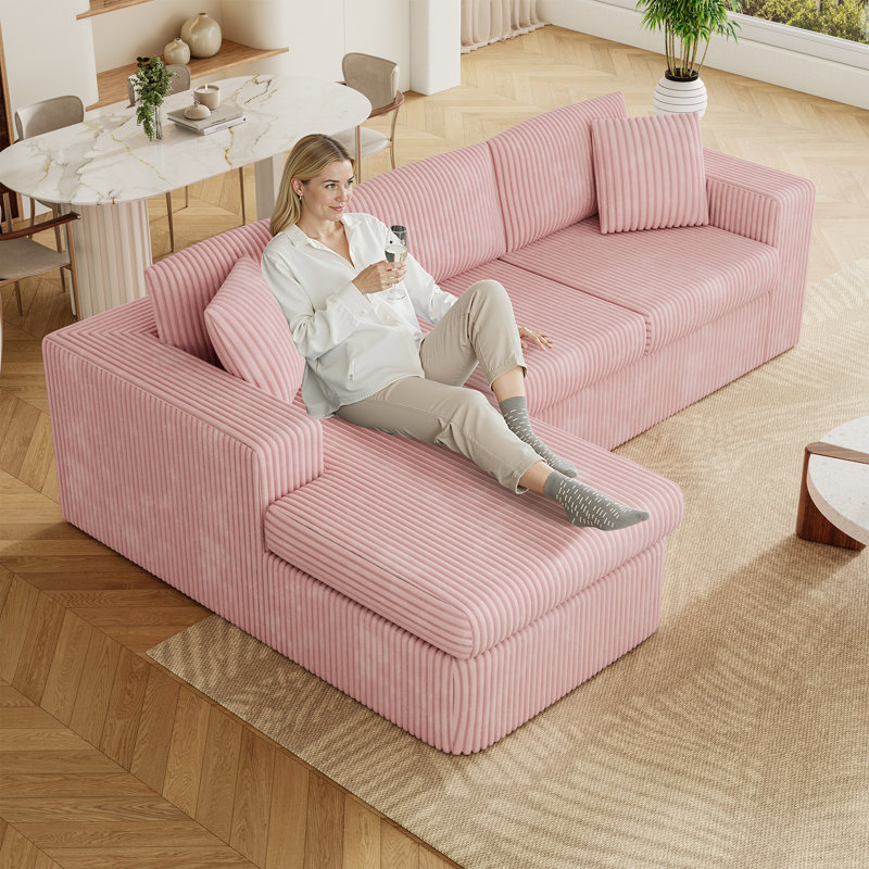 Canapé modulaire désossé 104,3 po Boneless, Velours côtelé rose