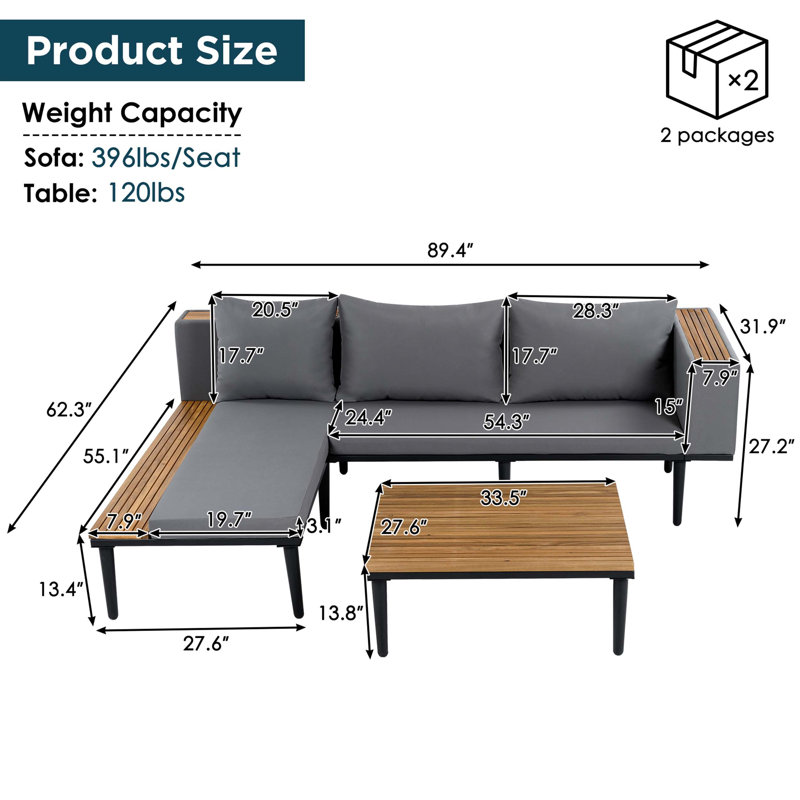 Ensemble de canapé de patio avec coussins amovibles et table basse, canapé en bois en forme de L, canapé modulaire de conversation pour la cour arrière, porche