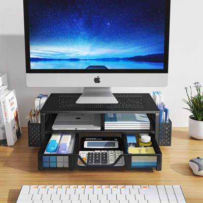 2 Tier Metal Monitor Stand Monitor Riser And Computer Desk Organizer With Drawer And Pen Holder For Laptop