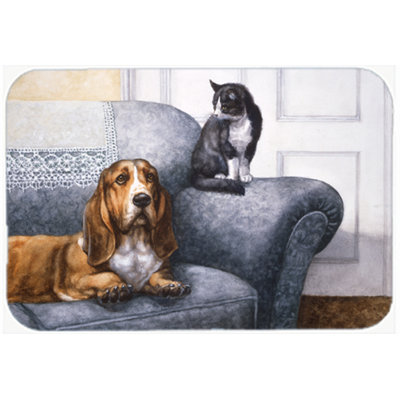 Planche à découper en verre caroline trésors basset hound et chat sur canapé