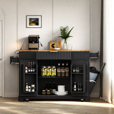 Fluted Rolling Kitchen Island With Trash Can Storage Cabinet, Power Outlet, Internal Storage Rack, 3 Drawers, 3 Open Side Racks by Lark Manor