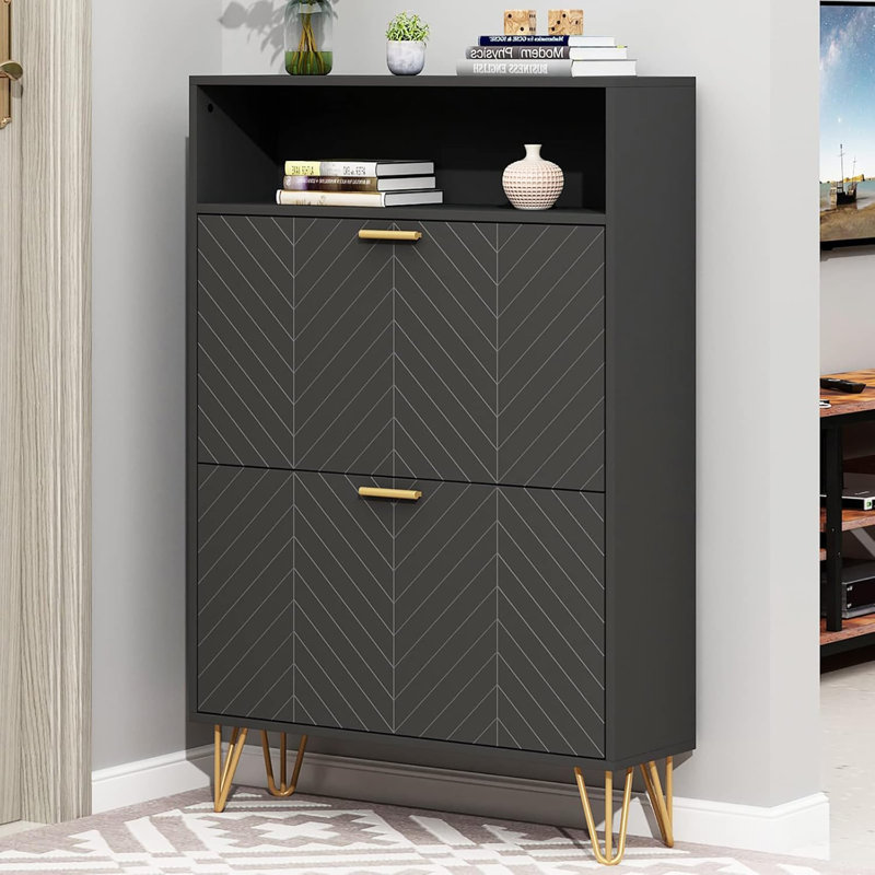 Armoire de rangement pour chaussures autoportante avec tiroirs rabattables, étagère à chaussures d'entrée moderne avec compartiments réglables et casier supérieur, organisateur de chaussures caché mince avec conception de ventilation
