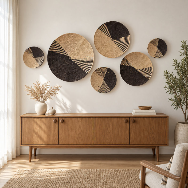 Two-Tone Palm Leaf Handwoven Round Wall Basket, 11.8'' H x 11.8'' W x 1.5'' D