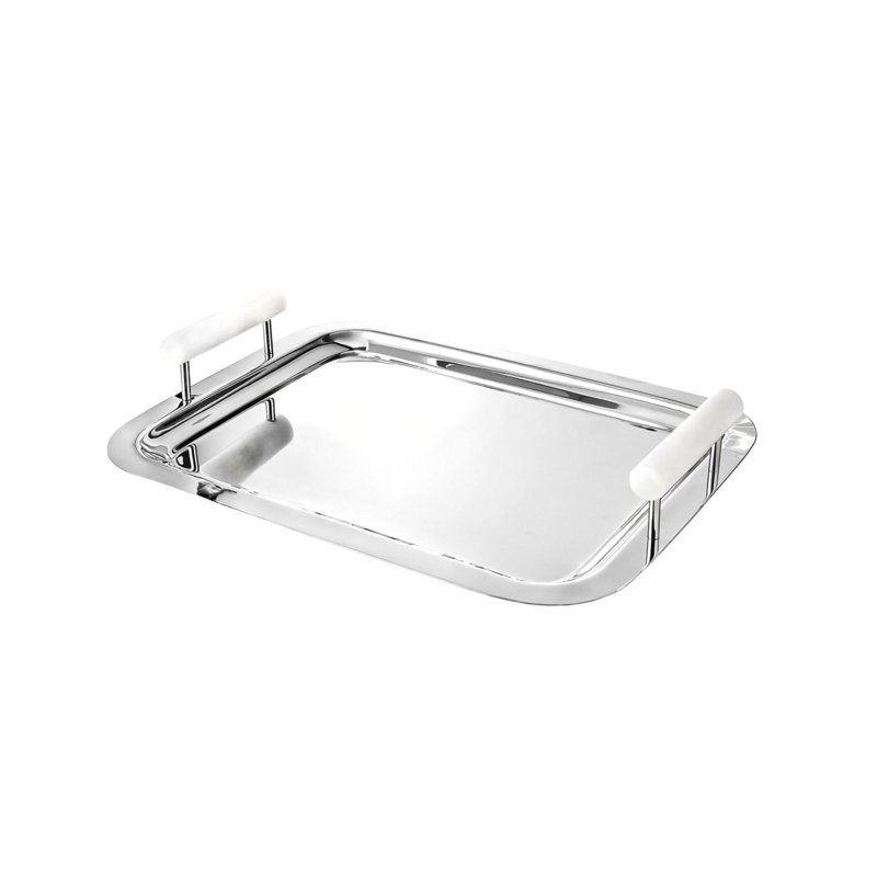 Plateau en résine azur et acier inoxydable, Blanc / argenté