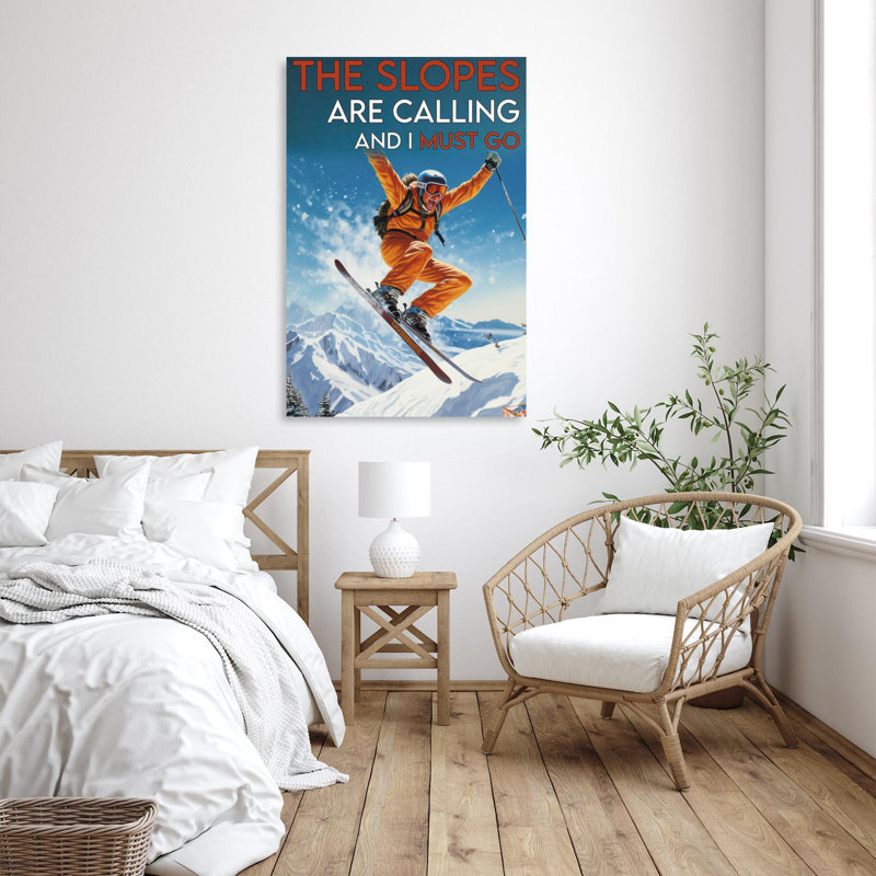 «Skiing The Slopes Are Calling», reproduction d'art graphique sur toile tendue, H 36 po x l 24 po x P 1,25 po