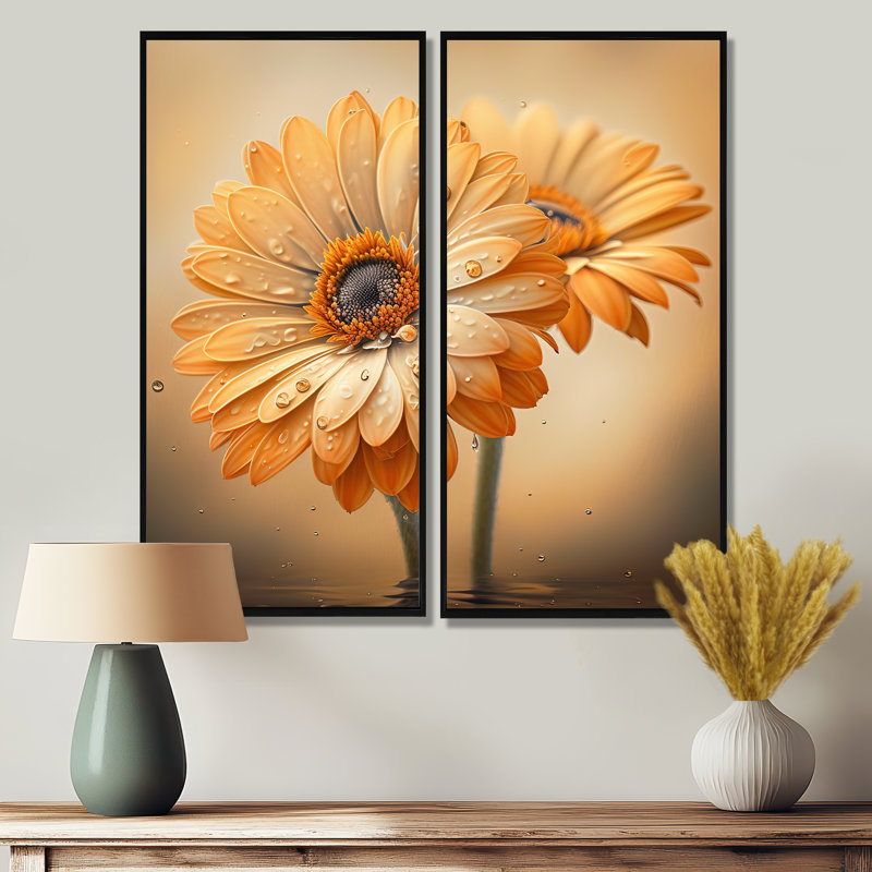 "Orange" et marguerites blanches I - art mural traditionnel bleu 2 pièces, H 32 po x l 32 po, Noir