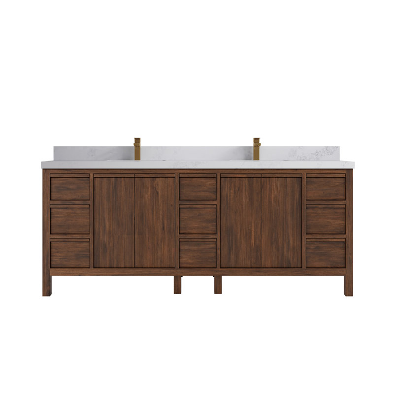 84'' Double Bathroom Vanity with Quartz Top, Calacatta Nuvo, Light Brown