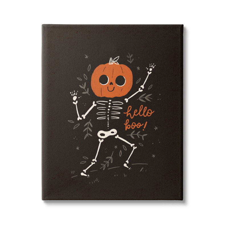 "Hello Boo Halloween", art mural sur toile squelette souriant par Loni Harris, H 20 po x l 16 po x P 1,5 po