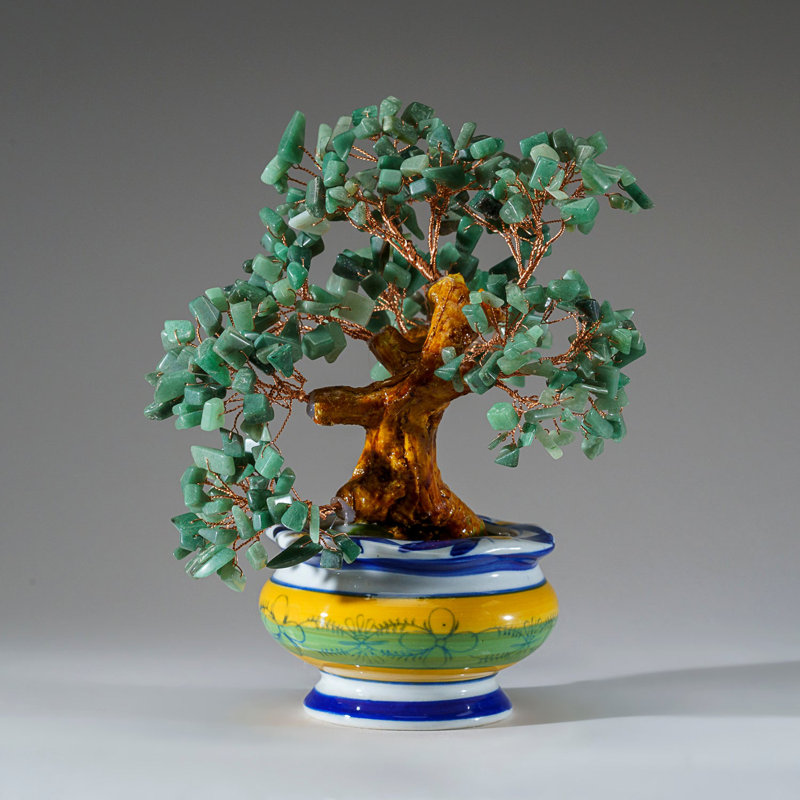 Genuine Green Aventurine Gemstone Bonsai Tree in Round Ceramic Pot (8.5")