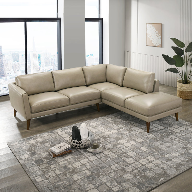 Mouloud 2-Piece Genuine Leather Sectional, Right Hand Facing, Beige Genuine Leather