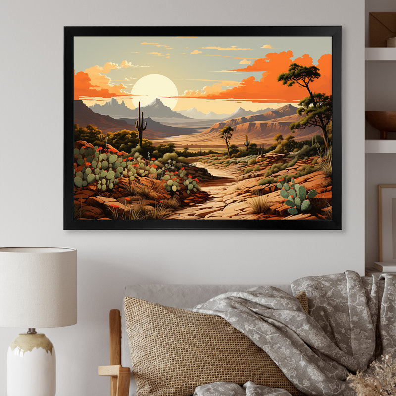 Cactus charme dans un paysage de montagne sur toile, Cadre simple noir, H 24 po x l 32 po x P 1 po