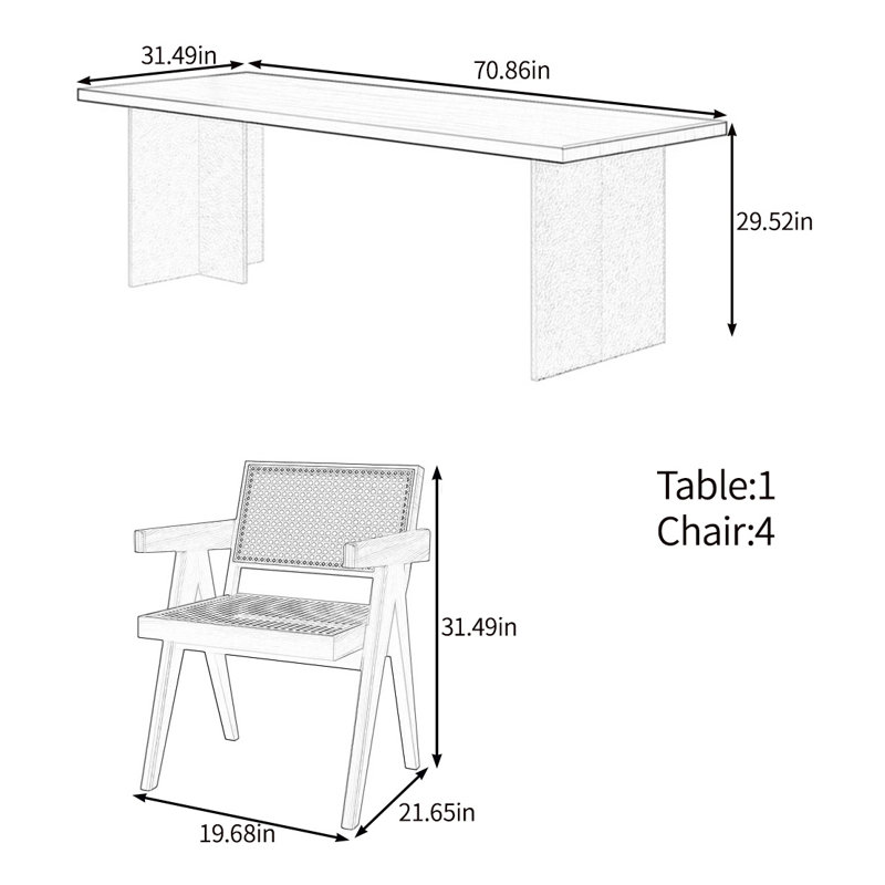 Modern natural solid wood dining table set, 29.52"H x 70.86"L x 31.49"W