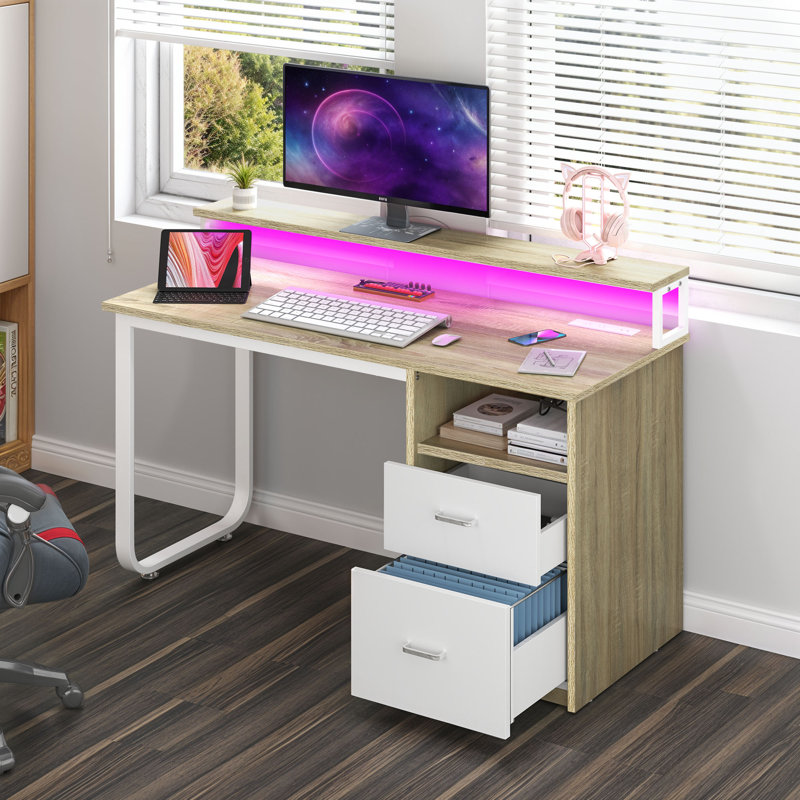 Broddrick 47.2'' Writing Desk with Charging Station & LED Light, Gray/White