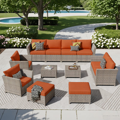 Ensemble de mobilier d'extérieur pour 10 personnes avec chaise, ensemble de conversation modulaire en rotin et osier avec coussins, ensemble de conversation avec canapé toutes saisons et foyer extérieur pour jardin