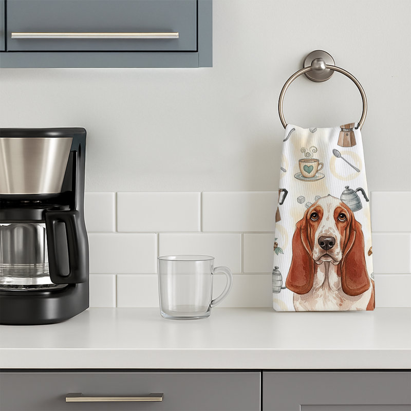 Red and White Basset Hound Coffee Bar Kitchen Towel, Red and White Basset Hound