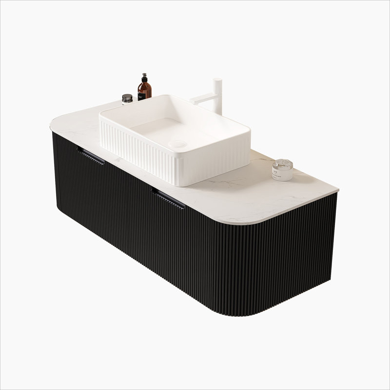Meuble-lavabo de salle de bain 48 po avec lavabo, meuble-lavabo mural à bords arrondis avec 2 tiroirs, lavabo rectangulaire en céramique blanc, sans robinet, pré-assemblé, couleur noire