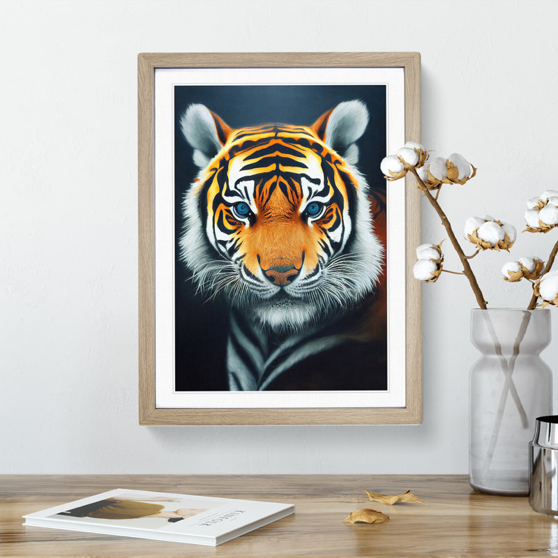 Striking Tiger No.3 - Single Picture Frame Print, 34cm H x 25cm W x 2cm D, Oak 