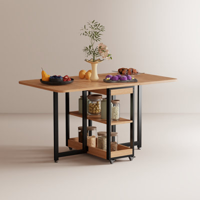 Foldable Dining Table with Storage Shelves, Space Saving Drop Leaf Table with Metal Frame for Kitchen and Small Spaces