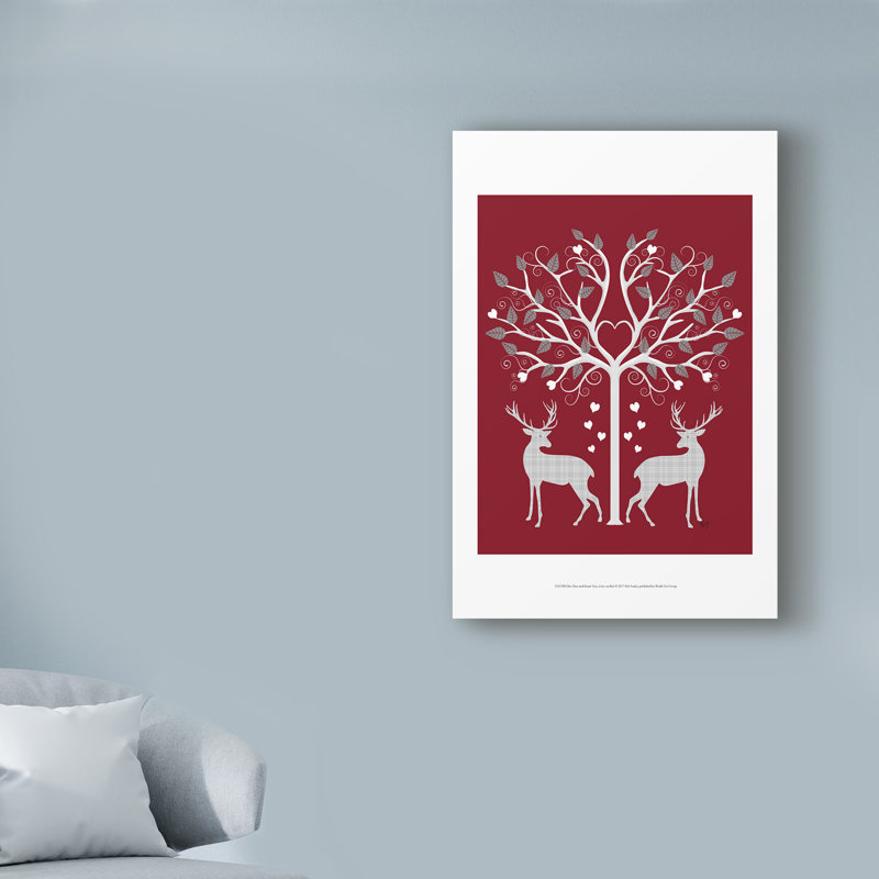 «Christmas Des - Deer and Heart Tree, Gray on Red», impression sur toile tendue, H 24 po x l 16 po x P 2 po