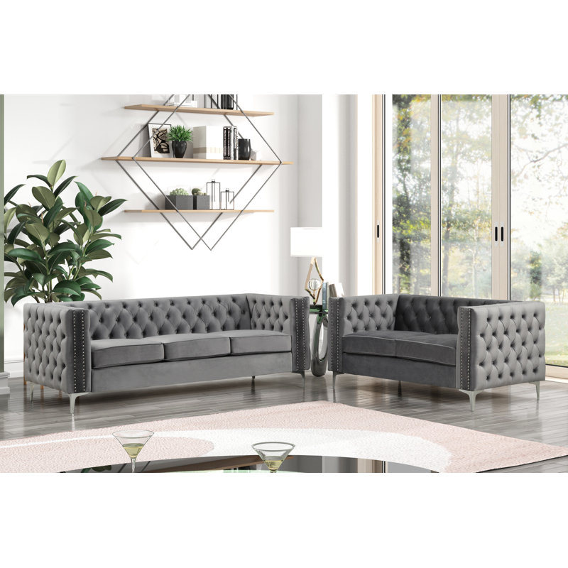 Ensemble de salon en velours 2 pièces Naohiro, Velours gris