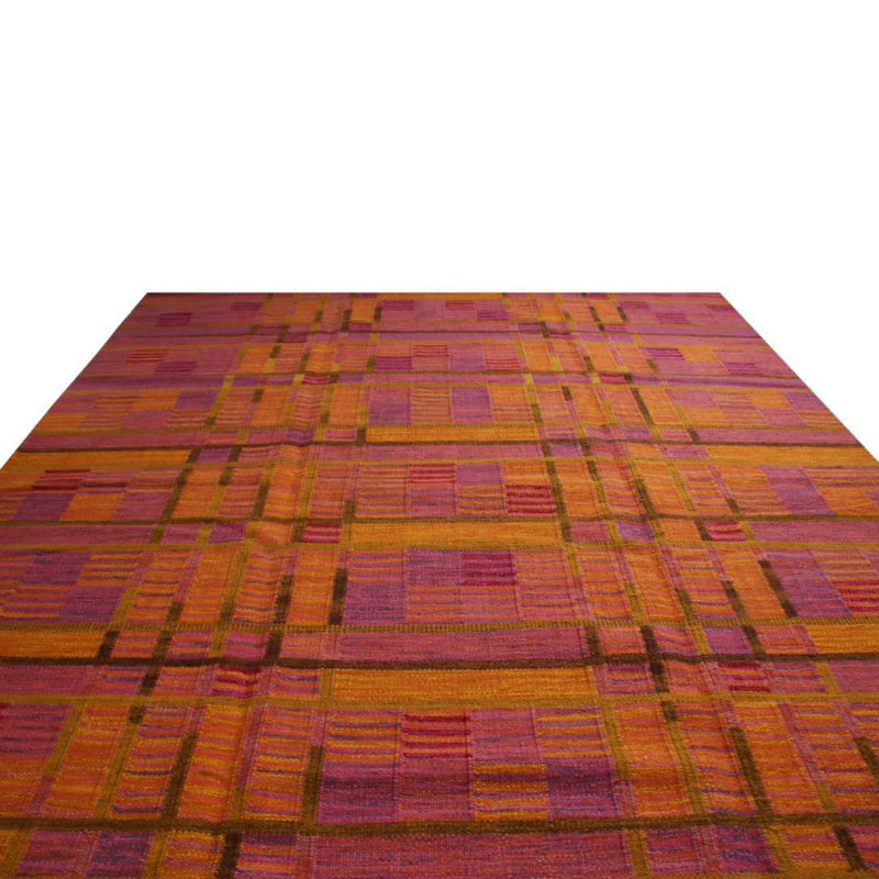 Rug & Kilim’S Scandinavian Geometric Orange-Gold And Pink Chenille Wool Rug, Rectangle 9' x 12'