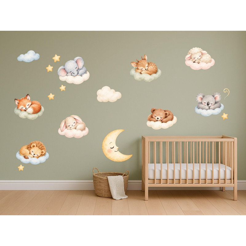 Sleepy Animal Wall Decals, Set of 18 Peel and Stick Nursery Wall Stickers, Satin Finish Removable Kids Room Wall Art, 20"W x 20"H (50 x 50 cm)