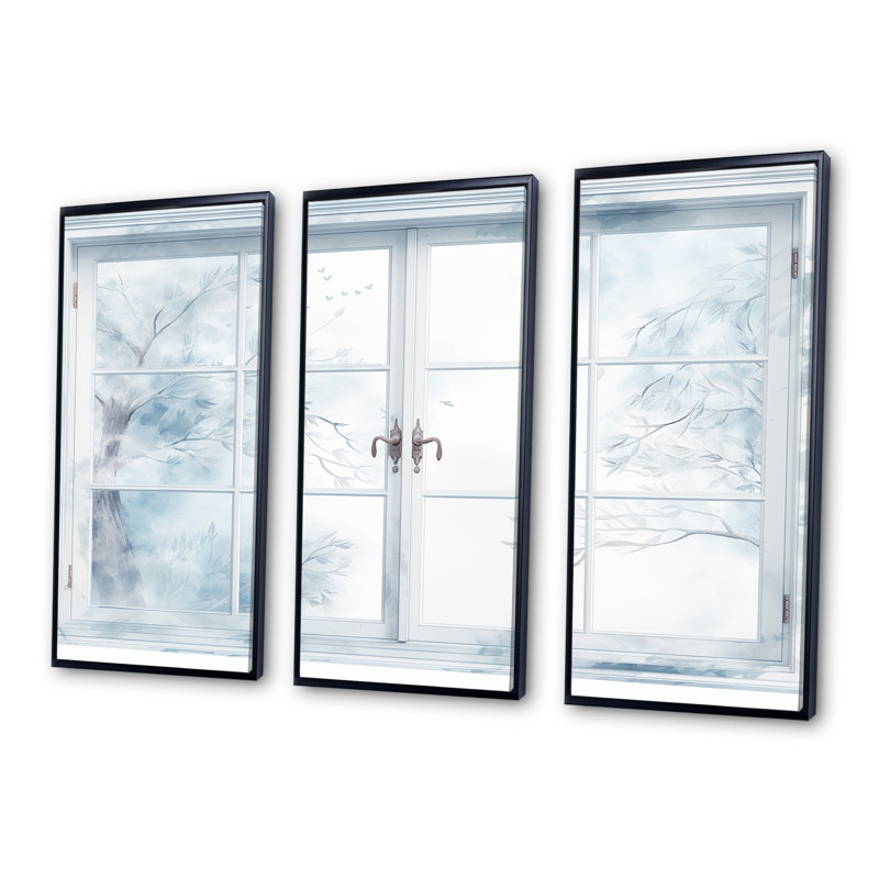 Frosty Winter Window View - Winter Landscape, art mural, H 28 po x l 36 po x P 1 po, Cadre flottant noir