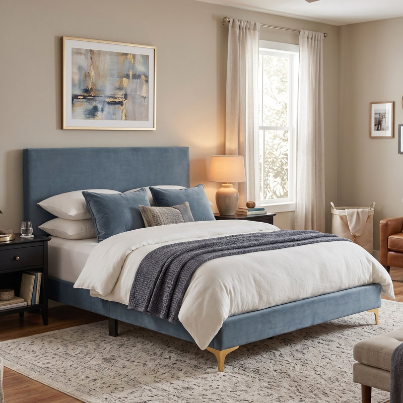 Rhea Upholstered Velvet Standard Bed, King, Blue