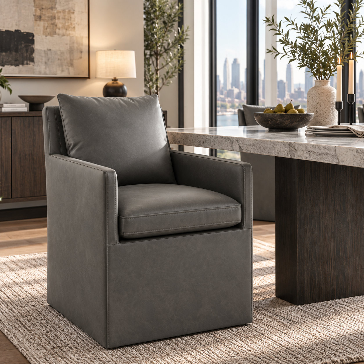 Alayaa Dining Armchair, Grey Faux Leather