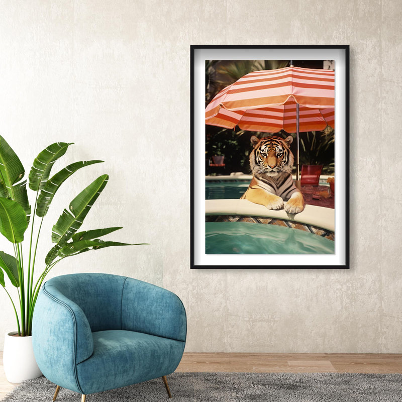 Oliver Gal Poolside Tiger Encounter Coastal - Luxury Shadowbox Framed Wall Art, 55.5" H x 37.5" W, Black