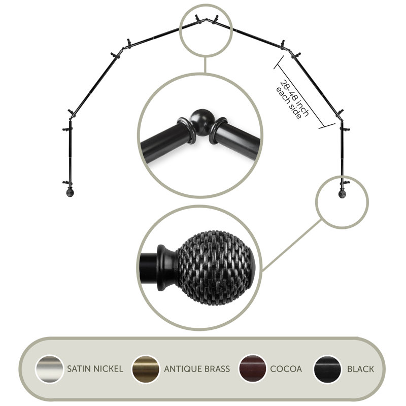 Métal; tringle à rideaux simple réglable en résine 0,81 po, Noir, 28 po à 48 po (chaque côté)