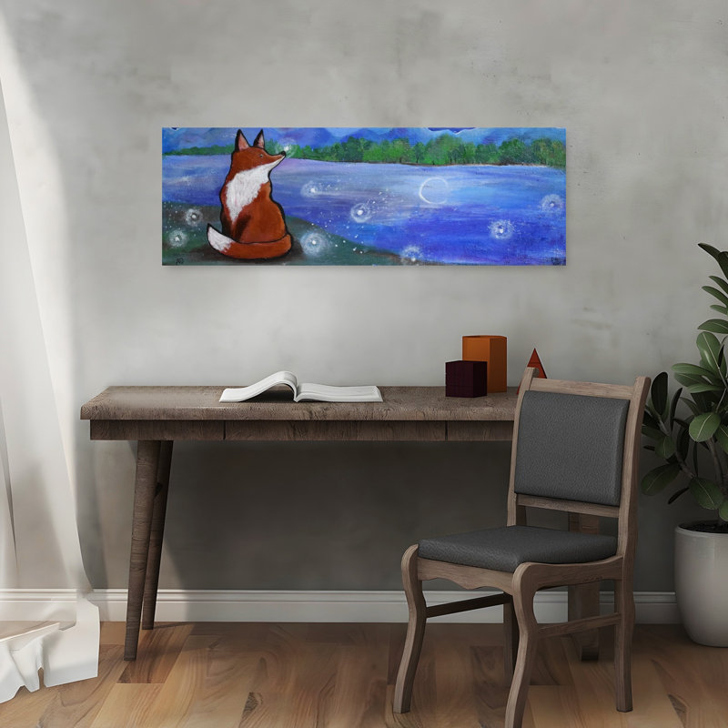 "Moonlit Fox Dreams", art contemporain contemporain, paysage naturel, 12" H x 36" W