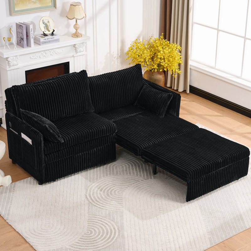 Corduroy Upholstered Convertible Sleeper Sofa Bed with Pull Out, USB Port, Black